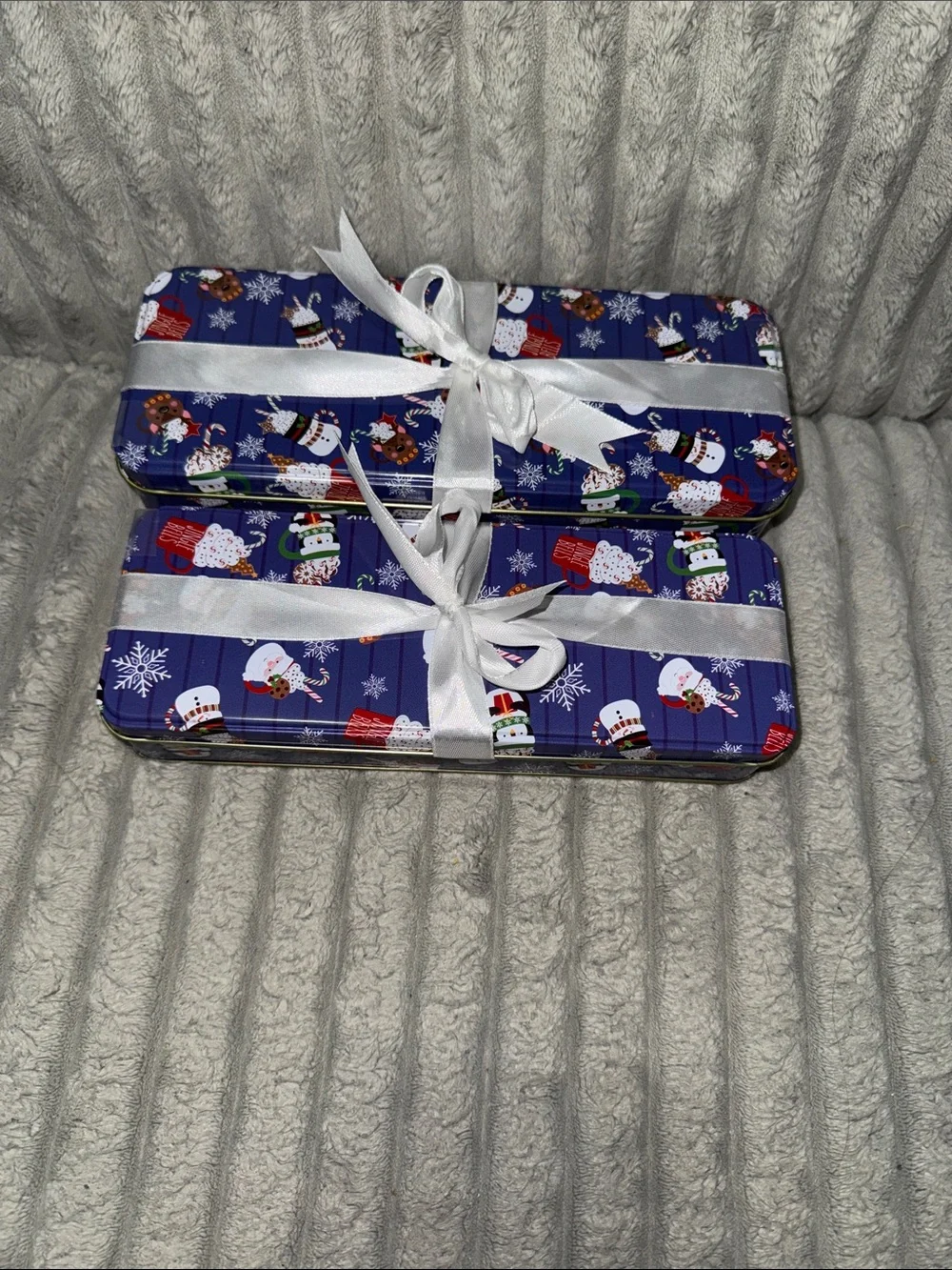 Festive Blue Snowman Metal Gift Tin Set with White Ribbon